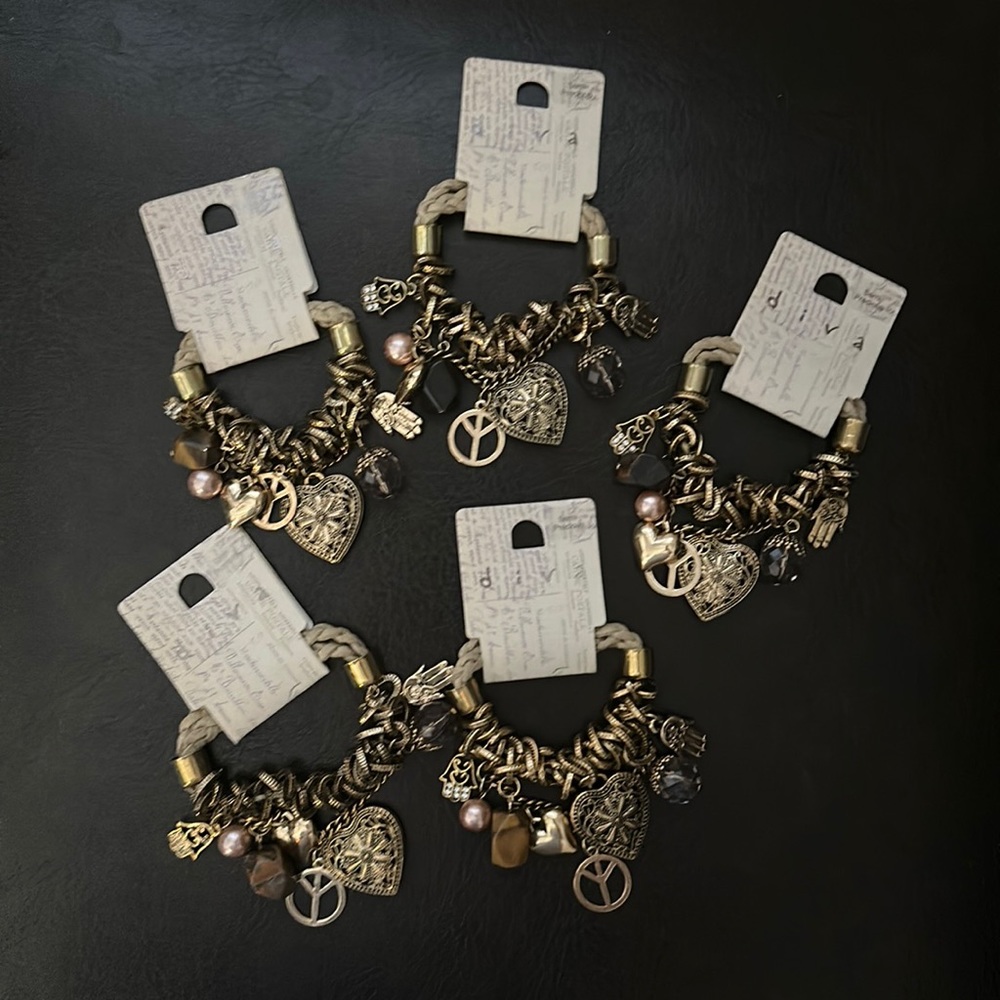 Semi Precious Stone Charm Bracelet Lot of 5 Hamsa Hand Hearts Peace